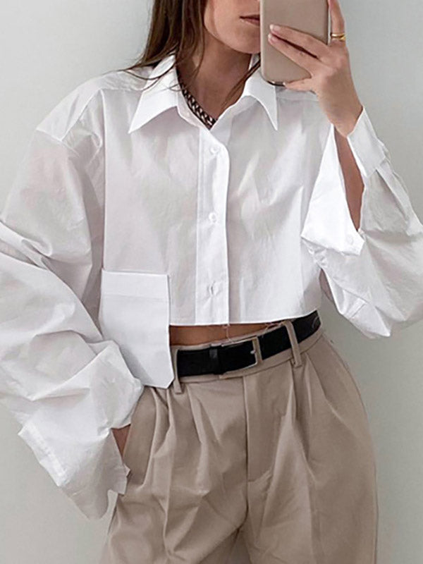 Asymmetric Buttoned Pockets Solid Color Split-Joint Long Sleeves Loose Lapel Blouses&Shirts Tops