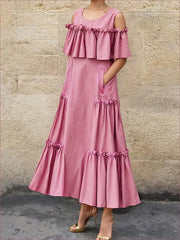 Pleated Pockets Ruffle Trim Solid Color Split-Joint A-Line Loose Cold Shoulder Maxi Dresses