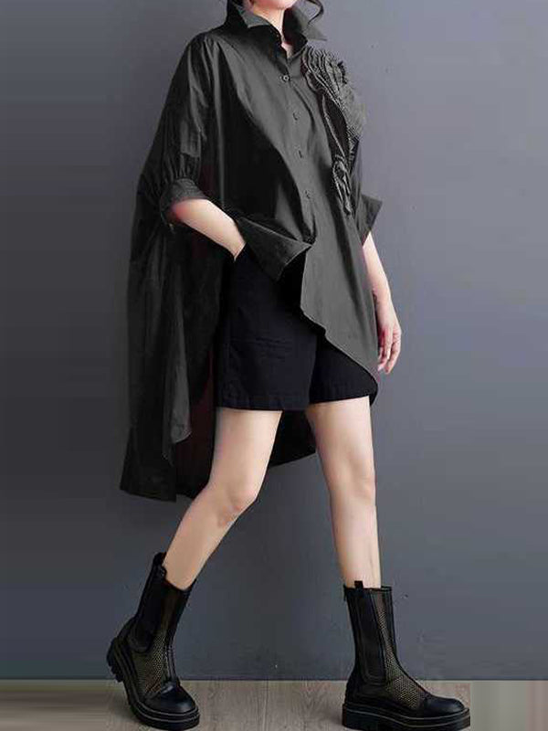 Asymmetric Buttoned Pleated Solid Color Three-Dimensional Flower Batwing Sleeves Half Sleeves Lapel Blouses&Shirts Tops