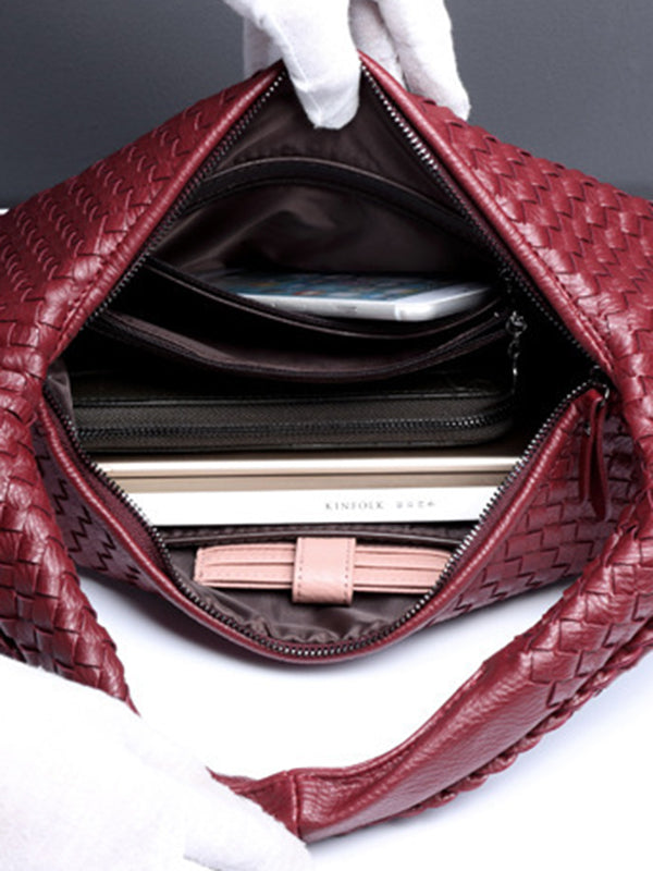 Geometric Solid Color Split-Joint Woven Zipper Handbags Bags