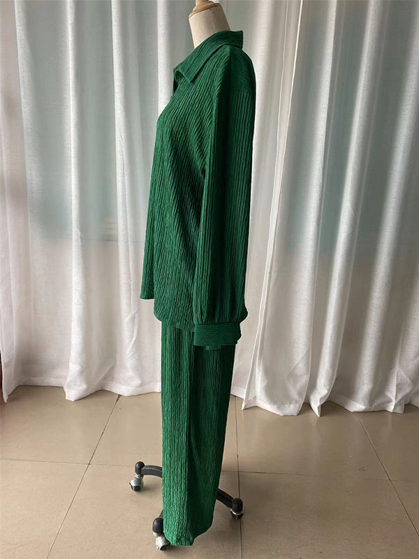 Lapel Pleated Solid Color High-Low Long Sleeves Split-Side Shirts Top + Pants Bottom Two Pieces Set