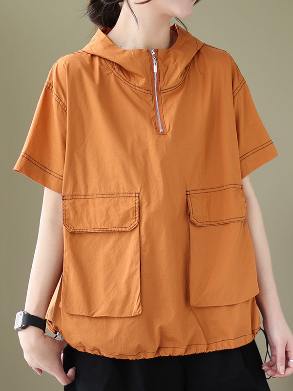 Zipper Loose Short Sleeves Hooded T-Shirts Tops