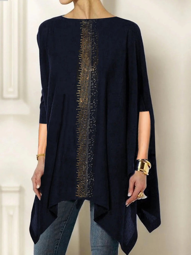 Rhine Stones Solid Color Half Sleeves Irregular Clipping Boat Neck T-Shirts Tops