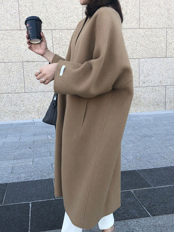 Solid Color Long Sleeves Loose Collarless Woolen Coat