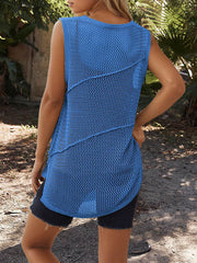 Hollow Solid Color Split-Joint Loose Sleeveless Round-neck Vest Top