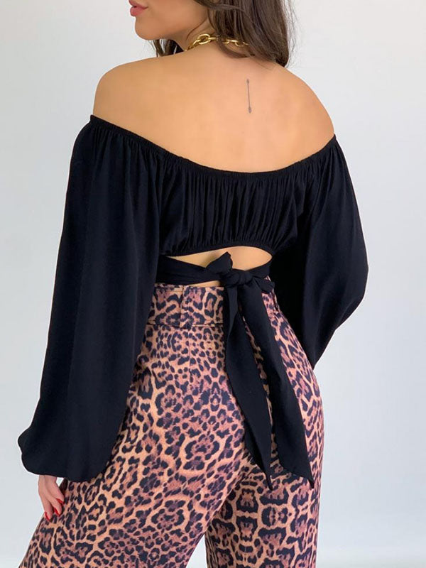 Elasticity Pleated Solid Color Long Sleeves Loose Off-the-shoulder Blouses