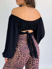 Elasticity Pleated Solid Color Long Sleeves Loose Off-the-shoulder Blouses