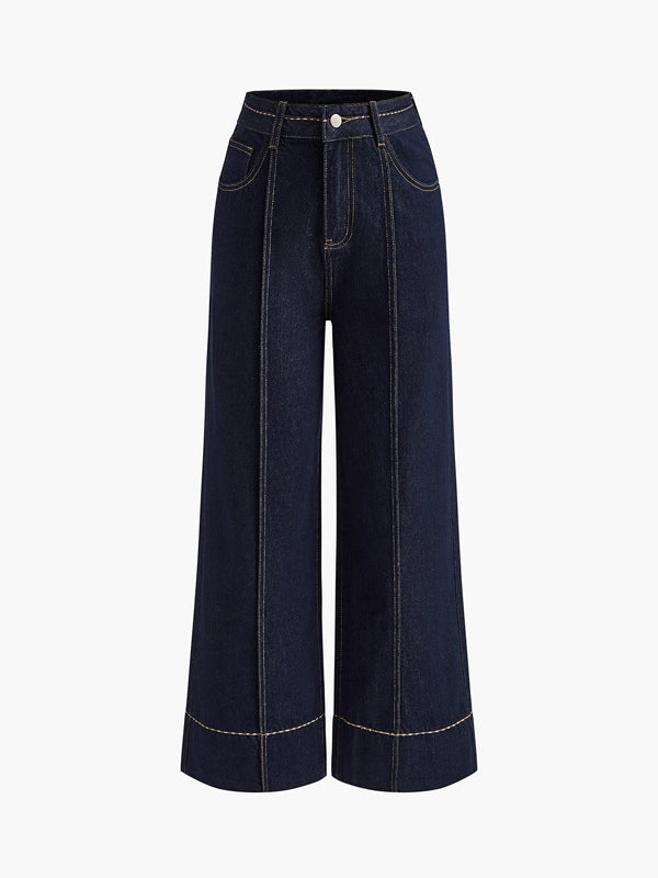Pockets High Waisted Wide Leg Jean Pants Bottoms