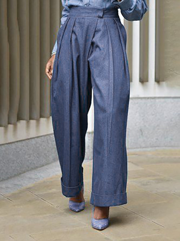 Pleated Pockets Solid Color High Waisted Loose Wide Leg Jean Pants Bottoms