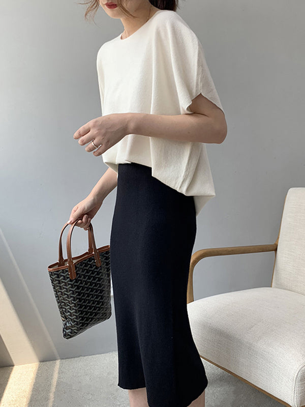 Solid Color Half Sleeves Loose Off-The-Shoulder Sweater Tops Pullovers Knitwear