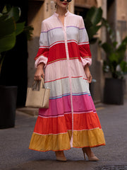 Contrast Color Split-Joint Puff Sleeves Round-neck Shirt Dress Maxi Dresses