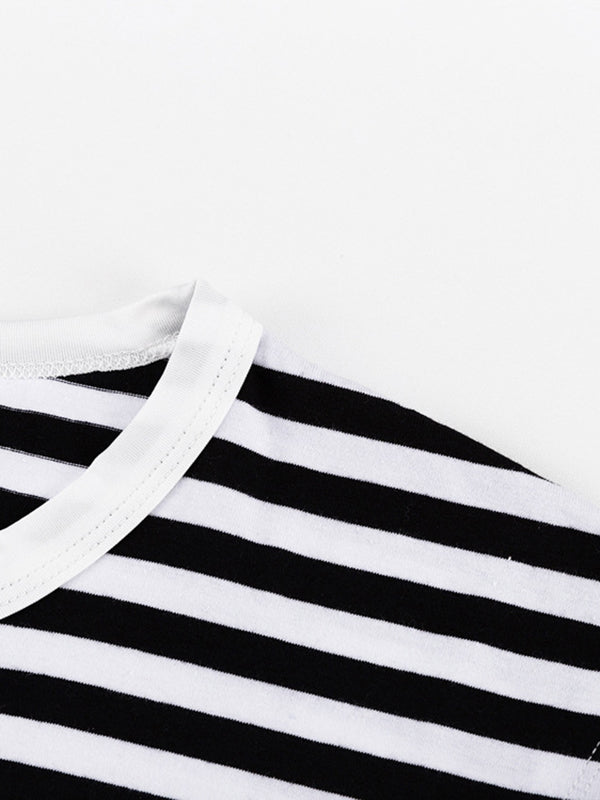 Contrast Color Hollow Striped Long Sleeves Loose Cold Shoulder T-Shirts