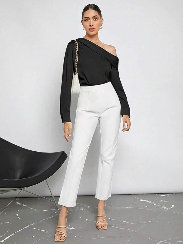 Pleated Solid Color Split-Joint Long Sleeves Skinny One-Shoulder Blouses&Shirts Tops
