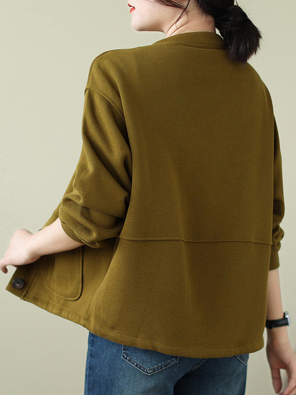 Buttoned Keep Warm Pockets Velvet Long Sleeves Loose Round-neck Outerwear