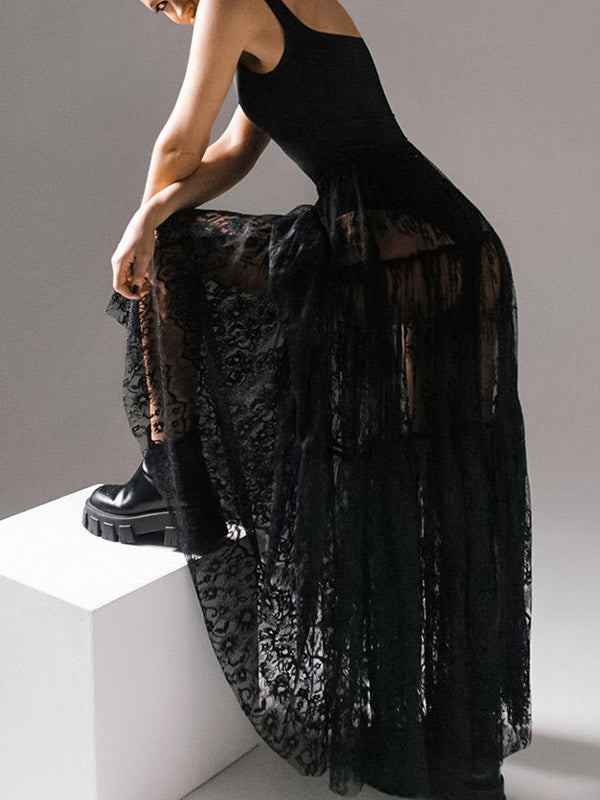 Gauze Pleated See-Through Split-Joint A-Line High Waisted Skirts