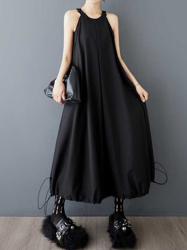 Drawstring Pleated Pockets Solid Color Zipper A-Line Loose Spaghetti-Neck Midi Dresses
