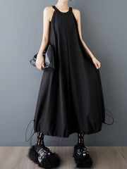 Drawstring Pleated Pockets Solid Color Zipper A-Line Loose Spaghetti-Neck Midi Dresses