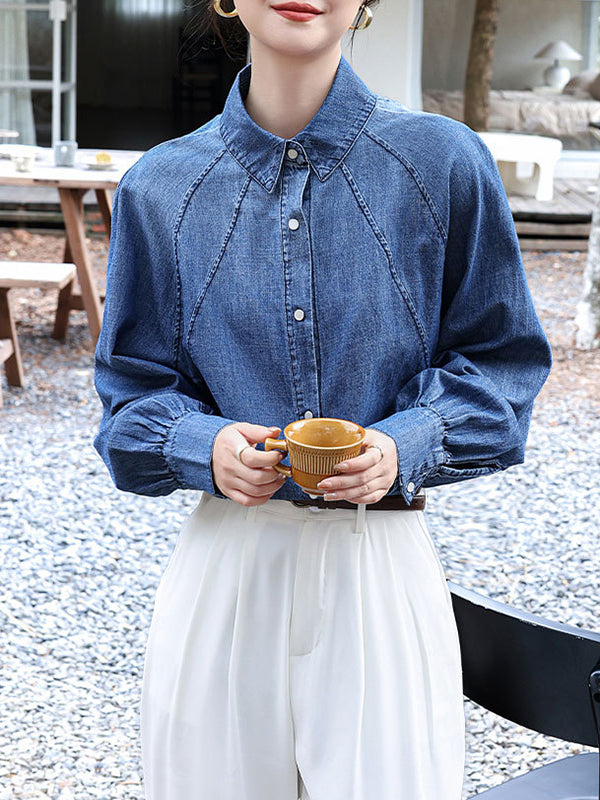 Buttoned Pleated Split-Joint Long Sleeves Loose Lapel Blouses&Shirts Tops