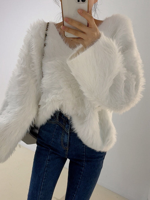 Original Creation Long Sleeves Loose Solid Color V-Neck Sweater Tops