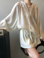 Split-Joint Solid Color  Sun Protection Tied V-neck Long Sleeves Top + Shorts Two Pieces Set