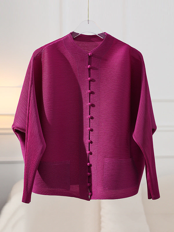 Buttoned Pleated Pockets Solid Color Long Sleeves Loose Round-Neck Outerwear