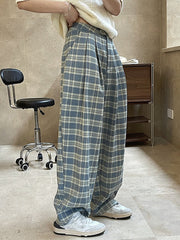 Vintage Wide Leg High-Waisted Pleated Plaid Pants