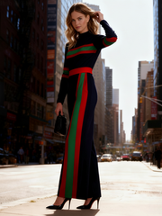 Elasticated Waist Long Sleeves Contrast Color Pockets Striped Half Turtleneck Jumpsuits