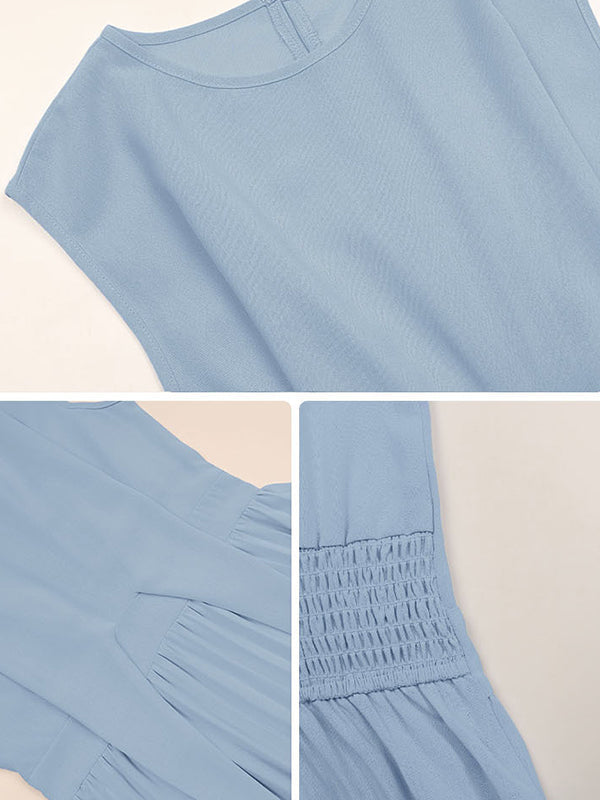 Elasticity Pleated Solid Color Split-Joint Tied Waist Loose Raglan Sleeve Round-neck Midi Dresses