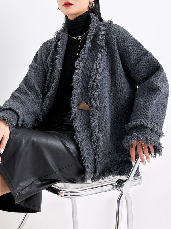 Buttoned Fringed Solid Color Long Sleeves Loose V-Neck Cardigan Tops