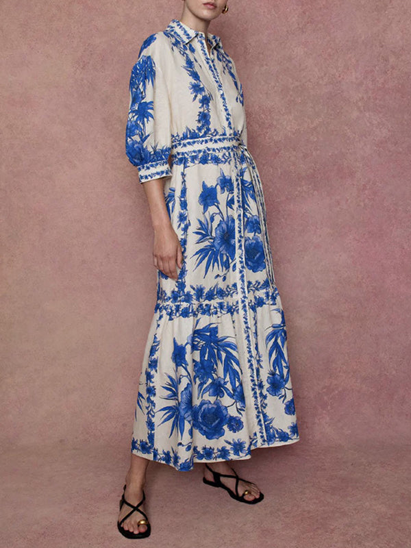 Floral Printed Pleated Split-Joint Tied Waist Loose Puff Sleeves Lapel Shirt Dress Maxi Dresses