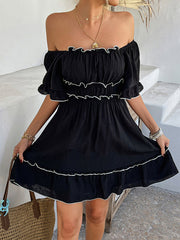 Elasticity Pleated Ruffle Trim Solid Color A-line High Waisted Square-neck Mini Dresses