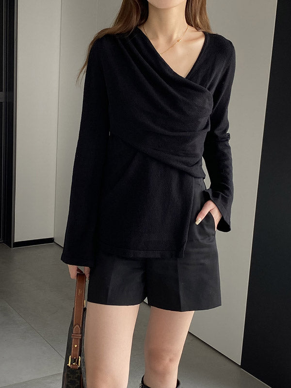 Asymmetric Solid Color Long Sleeves Loose V-Neck T-Shirts Tops