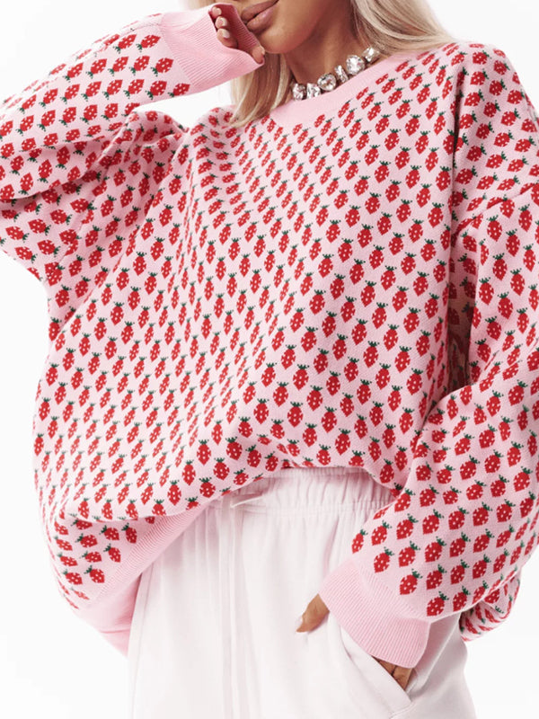 Pleated Split-Joint Long Sleeves Loose Round-Neck Sweater Tops
