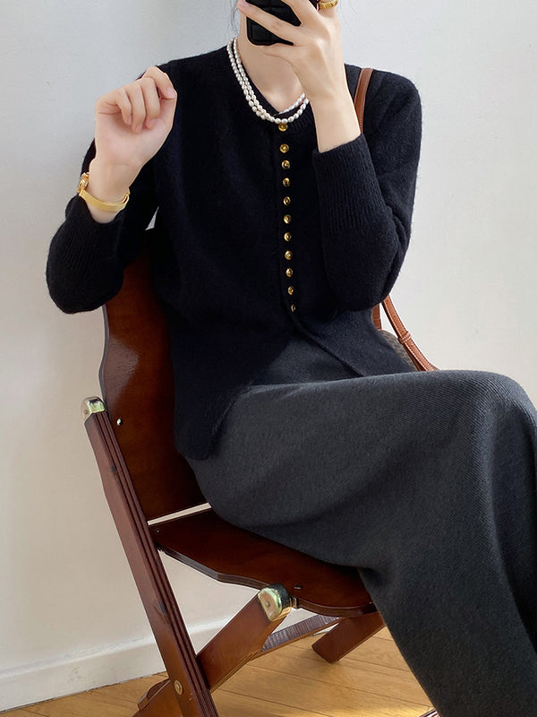 Elegant Long Sleeves Solid Color Round-Neck Cardigan Tops