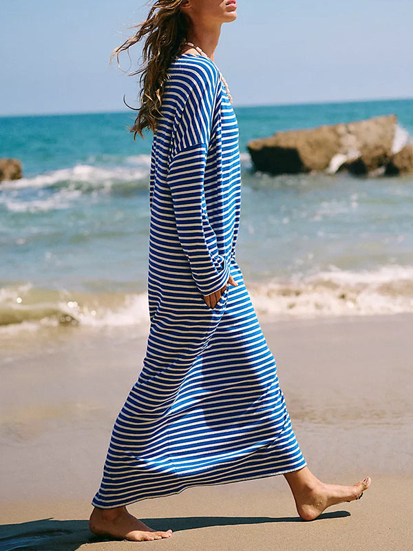 Contrast Color No Belt Split-Joint Striped Long Sleeves Loose Round-Neck Maxi Dresses