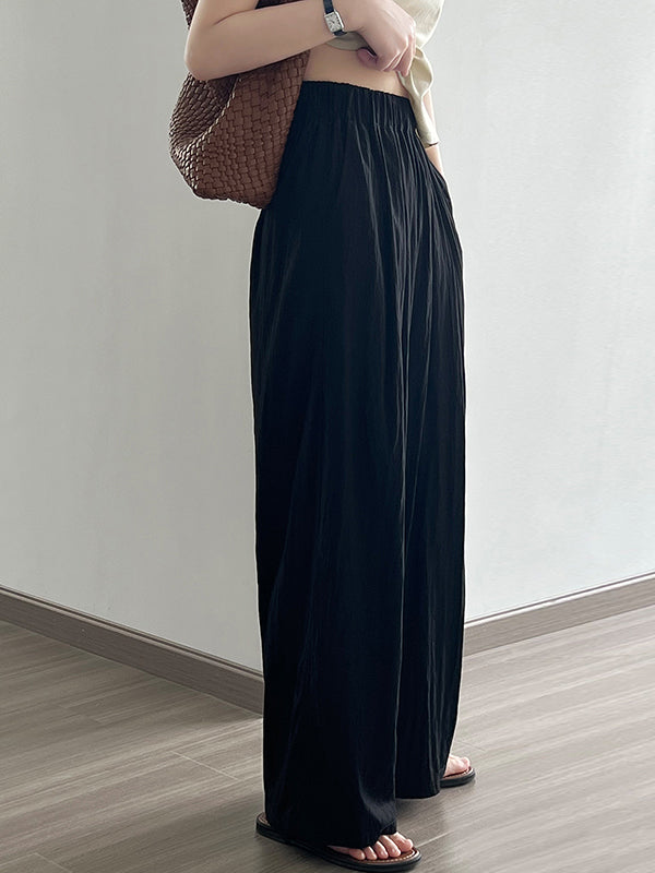 Elasticity Pleated Solid Color High Waisted Wide Leg Trousers Casual Pants Bottoms