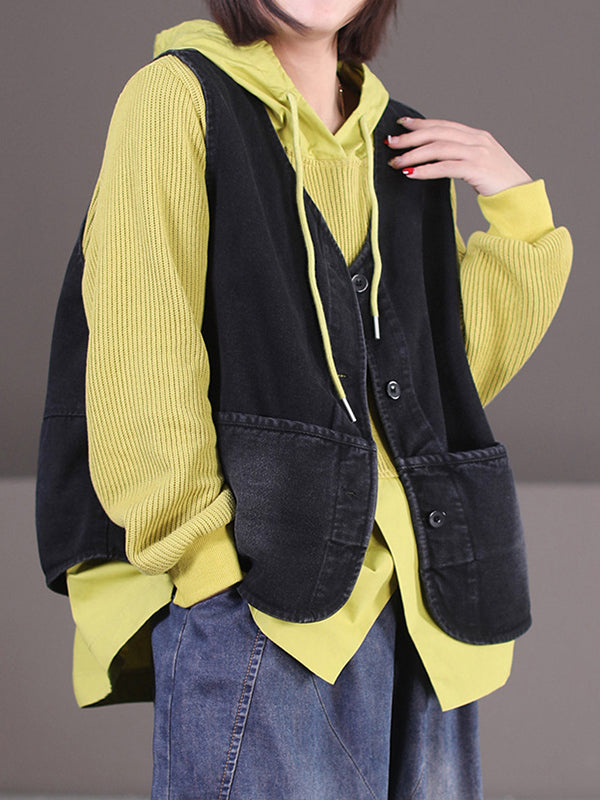 Drawstring Split-front Split-Joint Hooded Long Sleeves Hoodies Tops