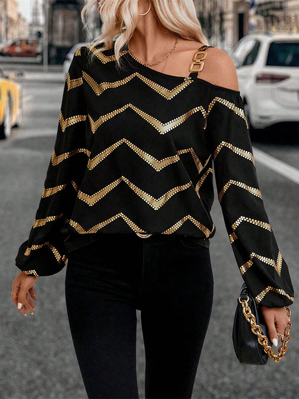Asymmetric Bronzing Chains Elasticity Striped Long Sleeves Loose Asymmetric Collar T-Shirts Tops