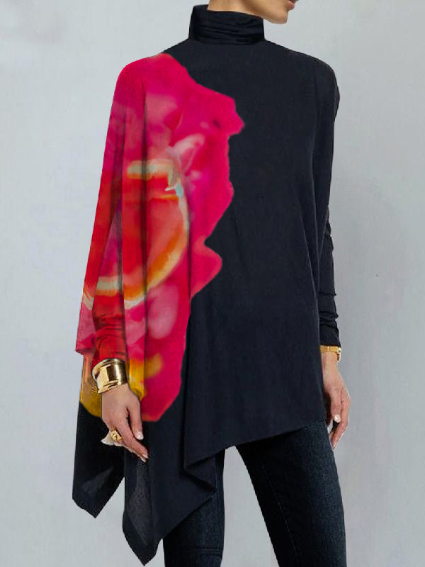 Flower Print Irregular Clipping Long Sleeves High Neck T-Shirts Tops