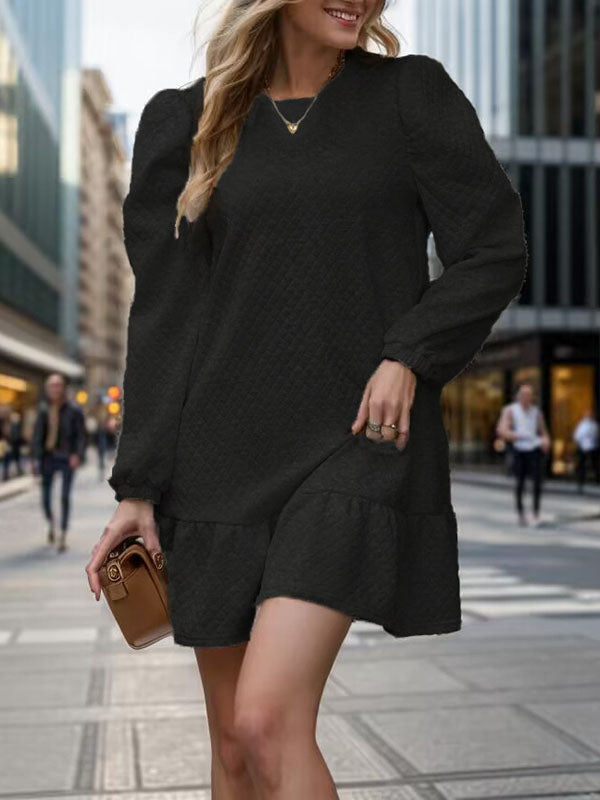 Jacquard Pleated Solid Color Split-Joint A-Line Long Sleeves Round-Neck Mini Dresses