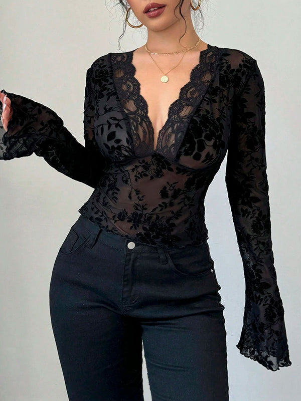 Solid Color Flared Sleeves Long Sleeves Deep V-Neck T-Shirts