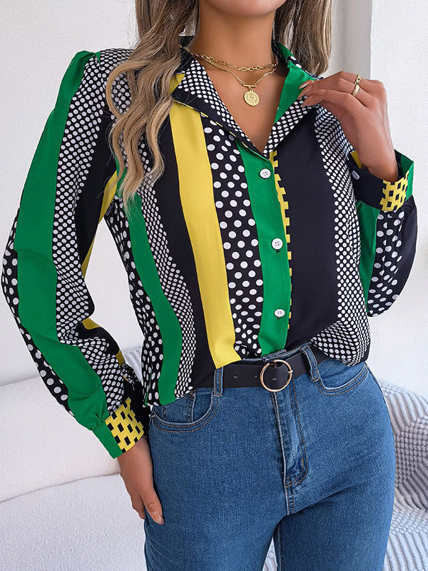 Buttoned Contrast Color Polka-Dot Long Sleeves Notched Collar Blouses&Shirts Tops