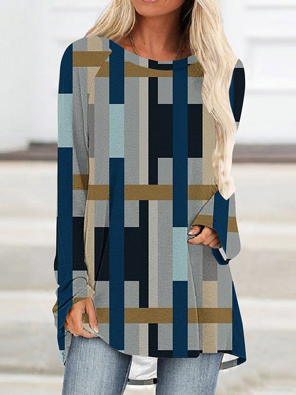 Contrast Color Printed Striped High-Low Long Sleeves Round-Neck T-Shirts Tops