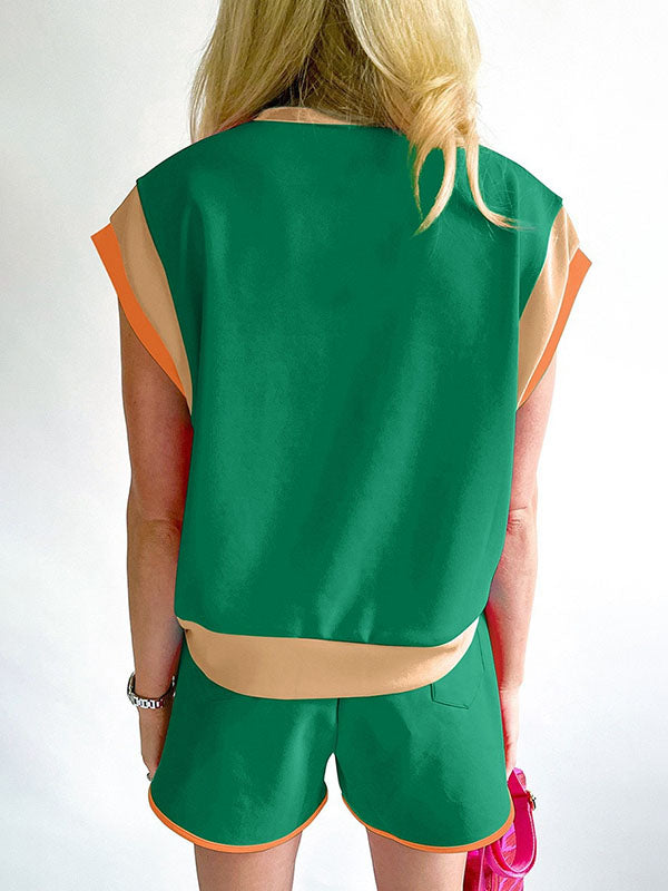 Contrast Color Elasticity Loose Short Sleeves Round-Neck T-shirt + Shorts Two Pieces Set