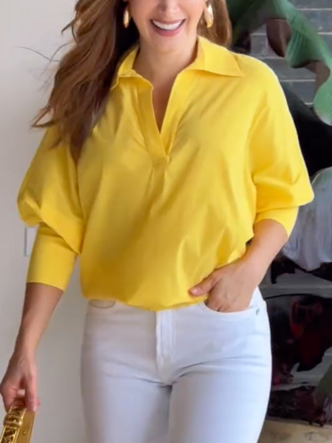 Solid Color Loose Puff Sleeves Lapel Blouses&Shirts Tops