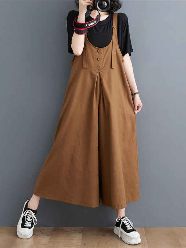 Buttoned Solid Color Ninth Pants Wide Leg Spaghetti-Neck Overalls