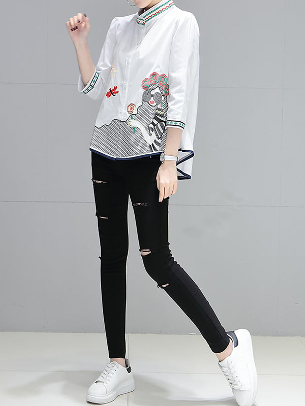Embroidered Figure Loose Plus Size Stand Collar Blouses&shirts Tops