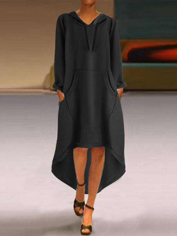 Drawstring Solid Color Split-Joint High-low Long Sleeves Hooded Midi Dresses