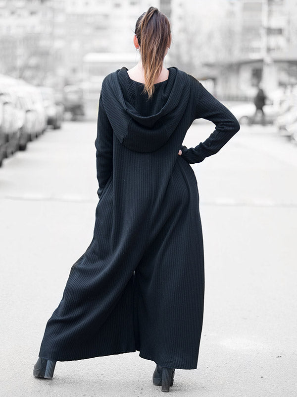 Knitting Black Zipper Hooded Wide Leg Jumpsuits
