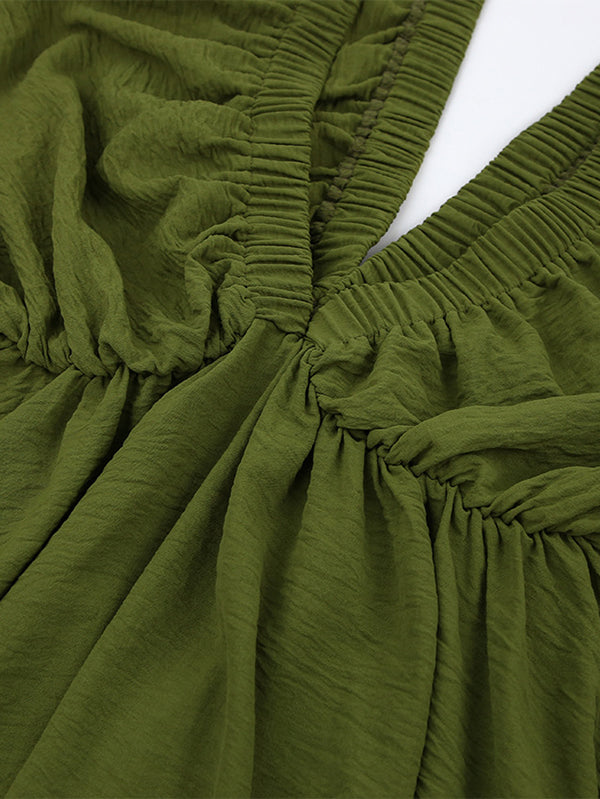 Elasticity Solid Color V-back Long Sleeves Loose Deep V-Neck Mini Dresses